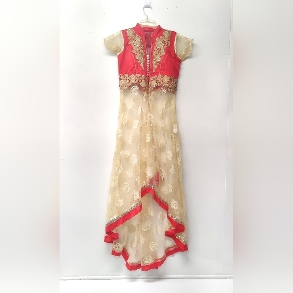 Red & Gold Embroidered High-Low Dress duster – Elegant Party & Wedding Outfit - Picture 3 of 7